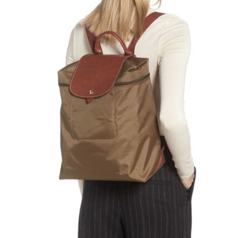 LONGCHAMP Women's Le Pliage Large Backpack Khaki Canvas Leather Trim